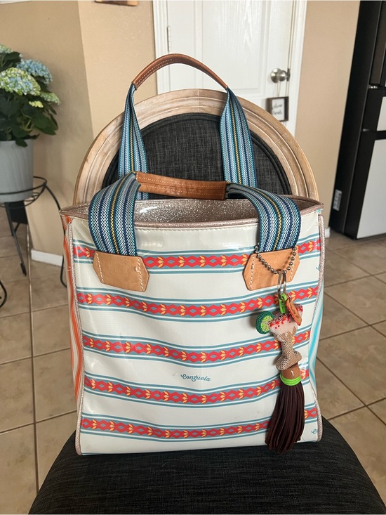Consuela Handbags - Consuela Striped Tote in White, Blue, Orange, Tan with Tassel Charm